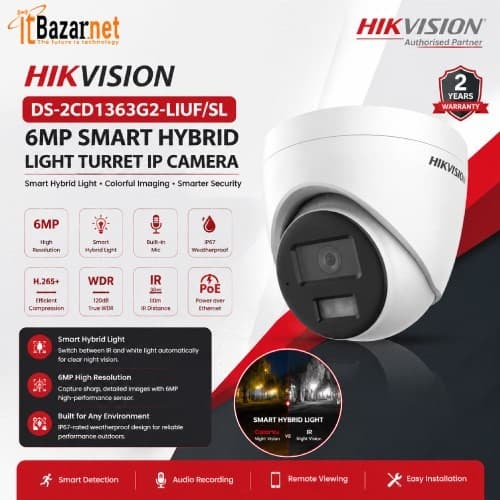 Hikvision DS-2CD1363G2-LIUF/SL 6MP Smart Hybrid Light Turret IP Camera Image