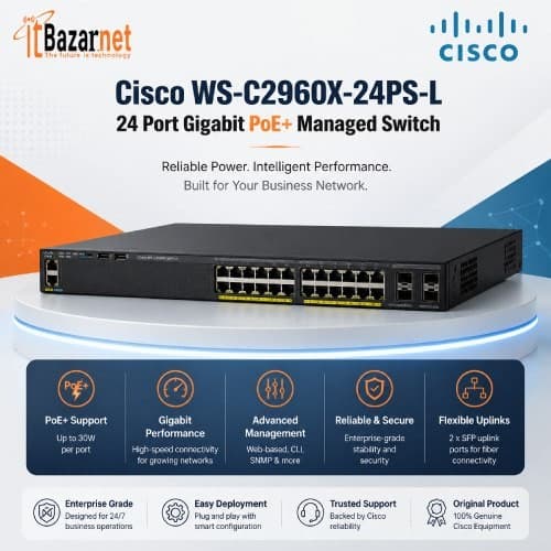 Cisco PoE Switch WS-C2960X-24PS-L 24 Port Gigabit PoE+ Managed Switch 4×1G SFP Image