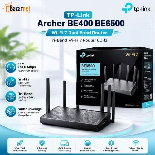 TPLink Archer BE400 BE6500 WiFi7 Dual Band Router Speed Up to 6.5 Gbps Image