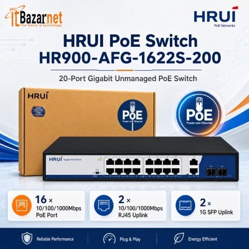 HRUI PoE Switch HR900-AFG-1622S-200 16 Port Gigabit PoE 185W with 2 RJ45 + 2 SFP Uplink Image