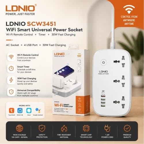 LDNIO WiFi Smart Power Strip SCW3451 3 Socket 4USB 30W Fast Charging Image