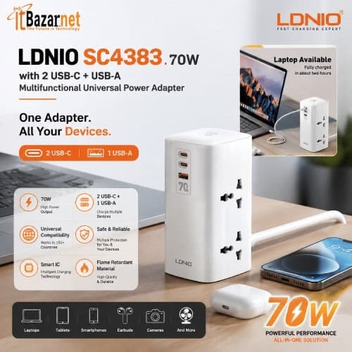 LDNIO Universal Desktop Power Adapter SC4383 70W  with 2 USB-C & 1 USB-A Image