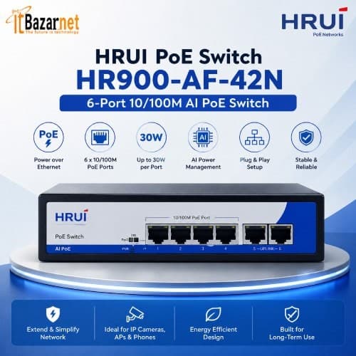 HRUI PoE Switch HR900-AF-42N 6Port 10/100M AI PoE Switch 4 PoE+2 Uplink Image