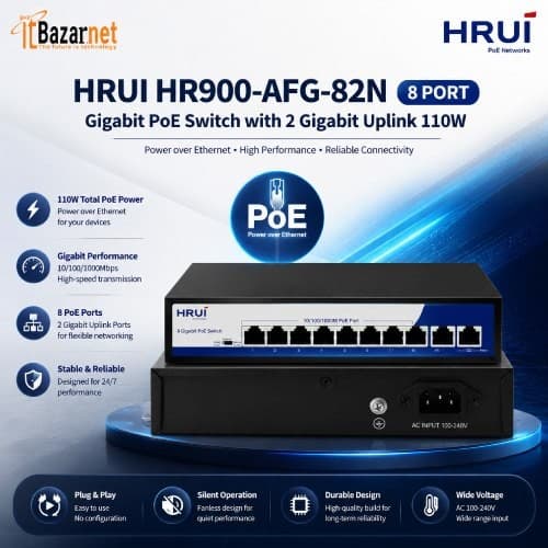 HRUI PoE Switch HR900-AFG-82N 8 Port Gigabit with 2 Gigabit Uplink 110W Image
