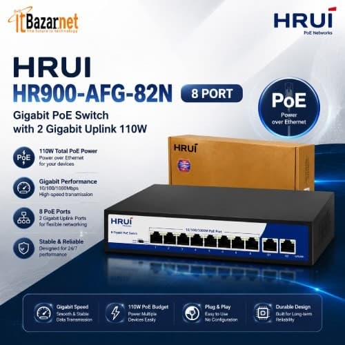 HRUI PoE Switch HR900-AFG-82N 8 Port Gigabit with 2 Gigabit Uplink 110W Image