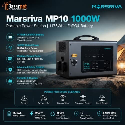 Marsriva MP10 1000W Portable Power Station 1228.8Wh LiFePO4 Battery Image