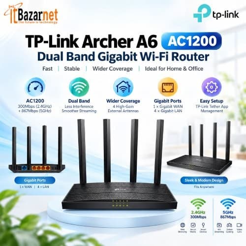 TPLink Archer A6 AC1200 Dual Band Gigabit WiFi Router Image