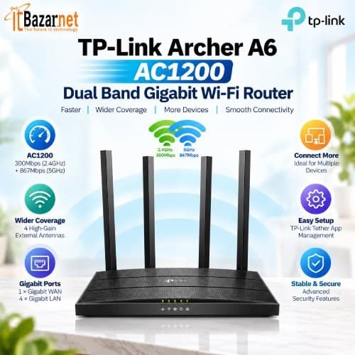 TPLink Archer A6 AC1200 Dual Band Gigabit WiFi Router Image