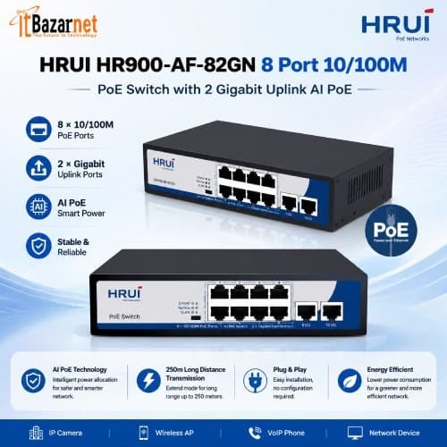 HRUI PoE Switch HR900-AF-82GN 8Port 10100M PoE Switch with 2 Gigabit Uplink AI PoE Image
